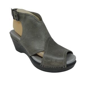 Dansko Vanda Gray Leather Peep Toe Wedge Heel Shoes Sandals